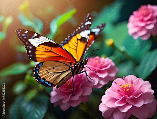 Colorful butterflies swarm on flowers amidst a beautiful natural background