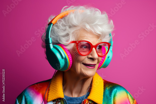 Colorful portrait of elderly woman in vibrant clothes and headphones