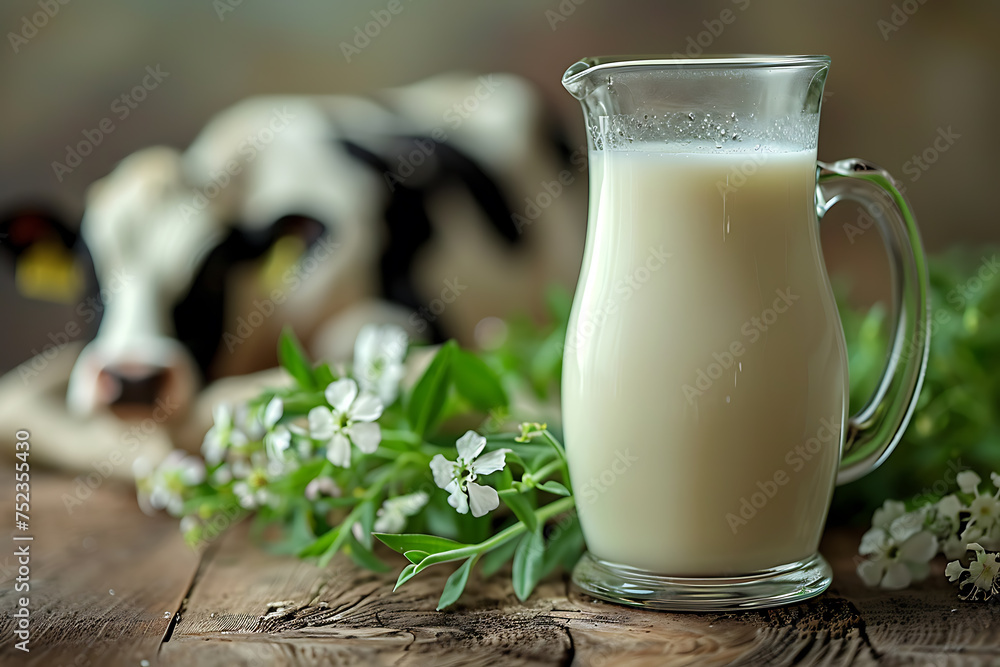 Clear glass jug of milk on wooden table, cows walking on grass background, rustic, natural environment Clear glass jug of milk on wooden table, cows walking on grass background, rustic, natural environment