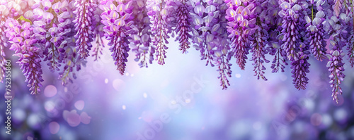 Spring wisteria blooming flowers in sunset garden. Purple japanese wisteria sinensis branch on blurred background for design greeting card  banner  poster  wallpaper  invitation with copy space
