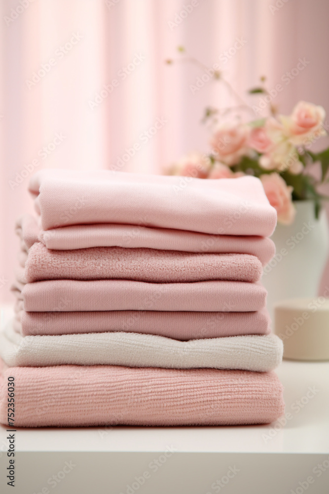 stock photo,Neat stack of folded pastel-colored towels. spring laundry, simple, feminine palette сreated with Generative Ai stock photo,Neat stack of folded pastel-colored towels. spring laundry, simple, feminine palette сreated with Generative Ai