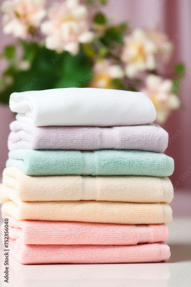 stock photo,Neat stack of folded pastel-colored towels. spring laundry, simple, feminine palette сreated with Generative Ai stock photo,Neat stack of folded pastel-colored towels. spring laundry, simple, feminine palette сreated with Generative Ai