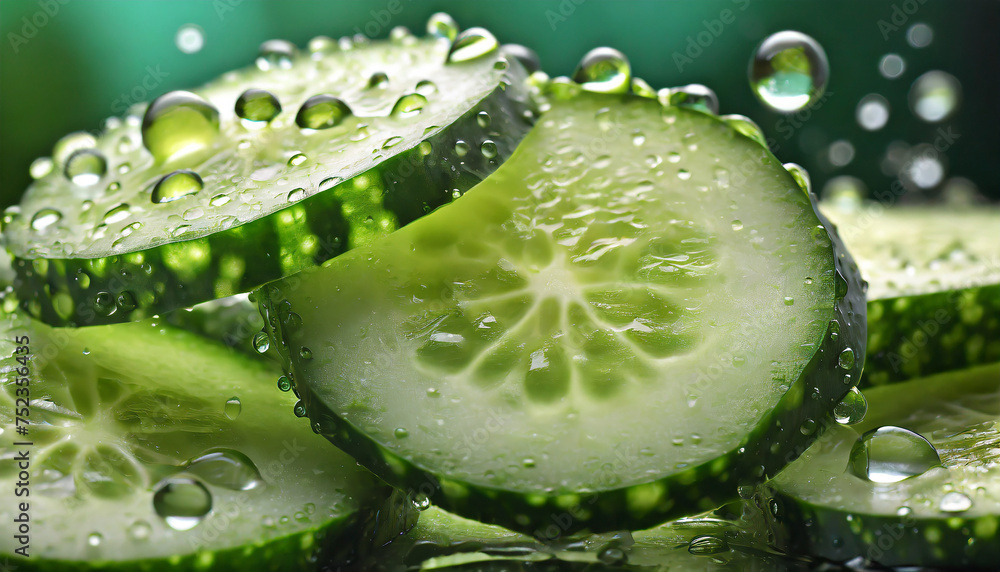 Fresh green cucumber slices with water drops. Organic and tasty vegetable. Natural farm product. Fresh green cucumber slices with water drops. Organic and tasty vegetable. Natural farm product.