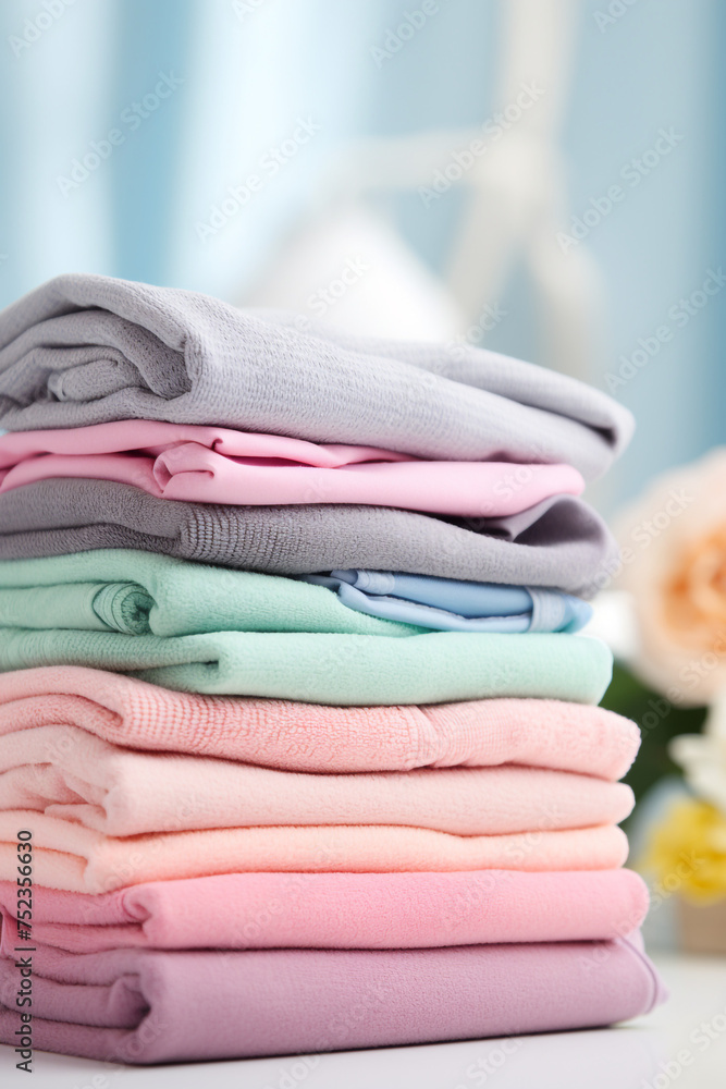 stock photo,Neat stack of folded pastel-colored towels. spring laundry, simple, feminine palette сreated with Generative Ai stock photo,Neat stack of folded pastel-colored towels. spring laundry, simple, feminine palette сreated with Generative Ai
