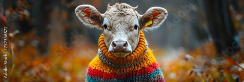 Obraz na płótnie Close Up of a Cow in a Colorful Sweater , Portrait of a cow Portrait of a cow wearing traditional costume on black background
