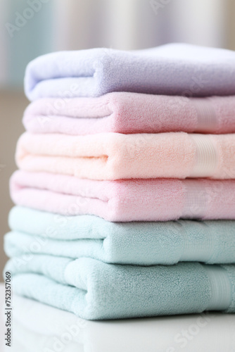 stock photo Neat stack of folded pastel-colored towels. spring laundry  simple  feminine palette   reated with Generative Ai