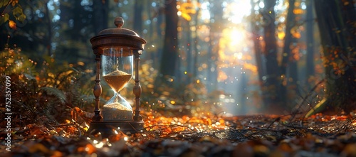 A classic hourglass sits in a bed of autumn leaves with sunlight filtering through the trees, creating a magical atmosphere