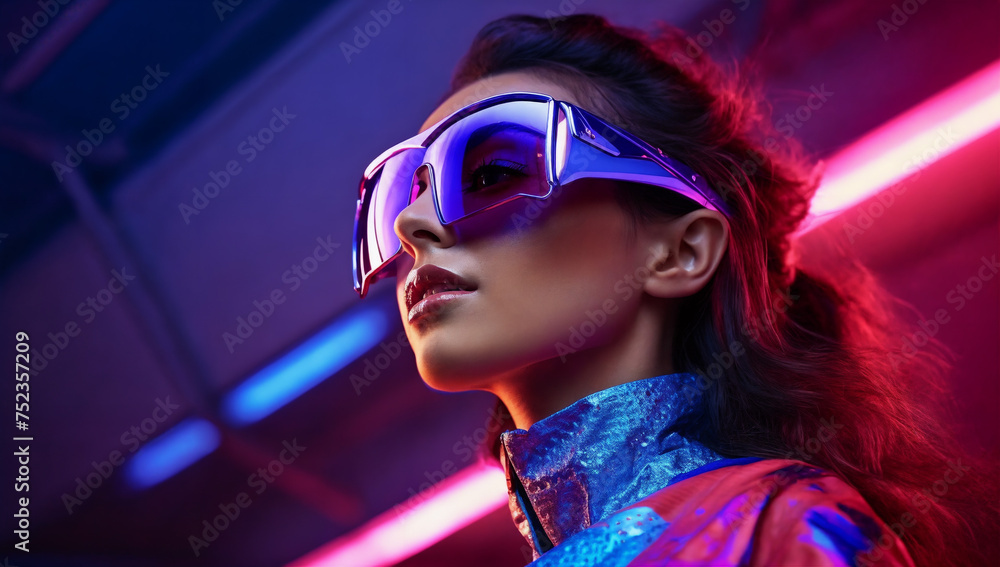a woman wearing a futuristic goggles and a blue shirt with a red light behind her and a purple light behind her,  generative ai