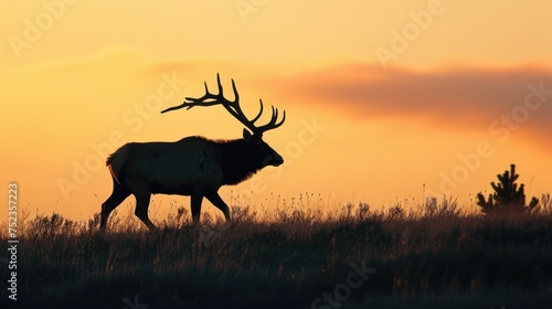 Silhouette of bull Elk stag walking against the sky at sunrise 