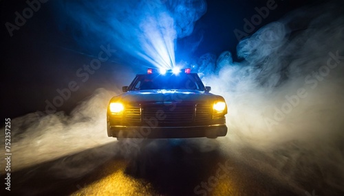 Nighttime Drama  Police Car Strobe Lights Piercing Through Smoke