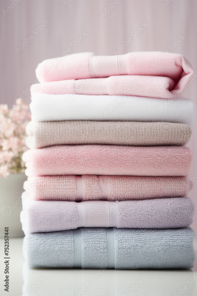 stock photo,Neat stack of folded pastel-colored towels. spring laundry, simple, feminine palette сreated with Generative Ai stock photo,Neat stack of folded pastel-colored towels. spring laundry, simple, feminine palette сreated with Generative Ai