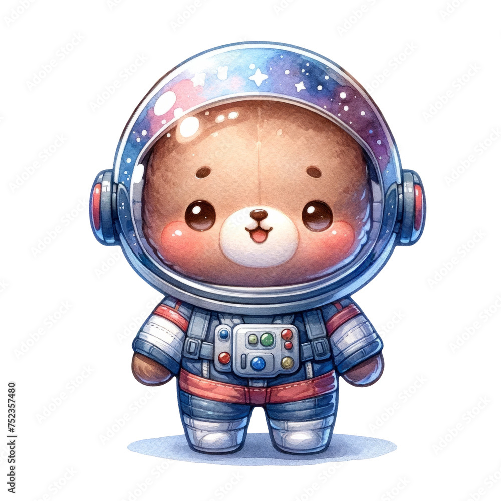 A watercolor style chibi cartoon illustration of a bear wearing a spacesuit exploring outer space on white background. A watercolor style chibi cartoon illustration of a bear wearing a spacesuit exploring outer space on white background.