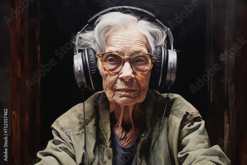 Portrait of elderly woman listens to music on her headphones