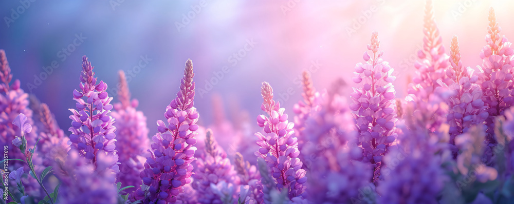 Naklejka premium Spring wisteria blooming flowers in sunset garden. Purple japanese wisteria sinensis branch on blurred background for design greeting card, banner, poster, wallpaper, invitation with copy space