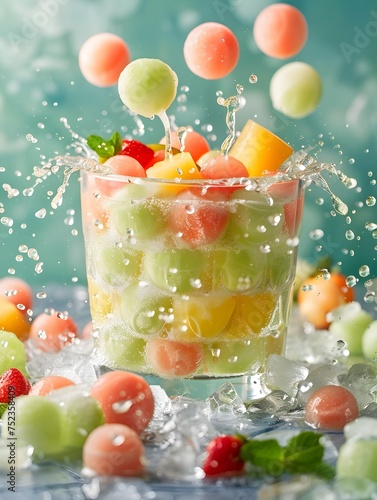 Vibrant Fruit Cube Splash on Green Background, To showcase the freshness and vibrancy of a variety of fruits and inspire the creation of delicious photo