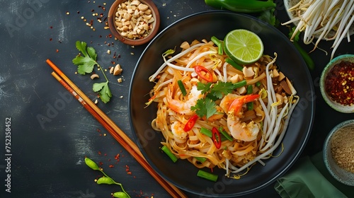 Vibrant Thai Cuisine with Noodles and Shrimp, To showcase the unique and exotic flavors of Thai cuisine, highlighting the freshness and aroma of the