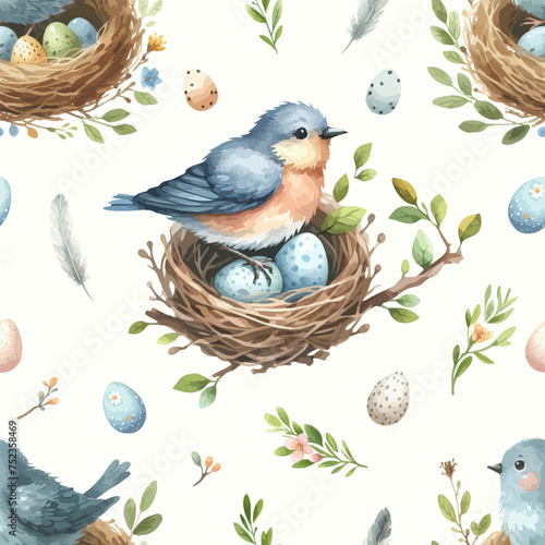 Watercolor seamless pattern with nest, birds, easter eggs and tree twigs.