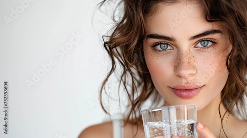 Beautiful woman with perfect skin drinking water