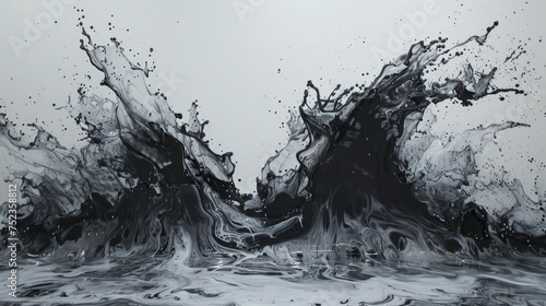 An artistic and dynamic composition capturing the lively movement of a black and white liquid splash, representing fluidity and contrast.