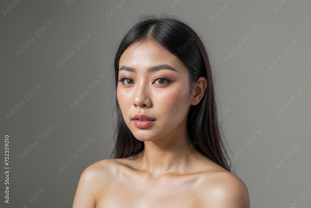 Portrait of a Young asian Woman With Natural Makeup Against a gray Background Portrait of a Young asian Woman With Natural Makeup Against a gray Background