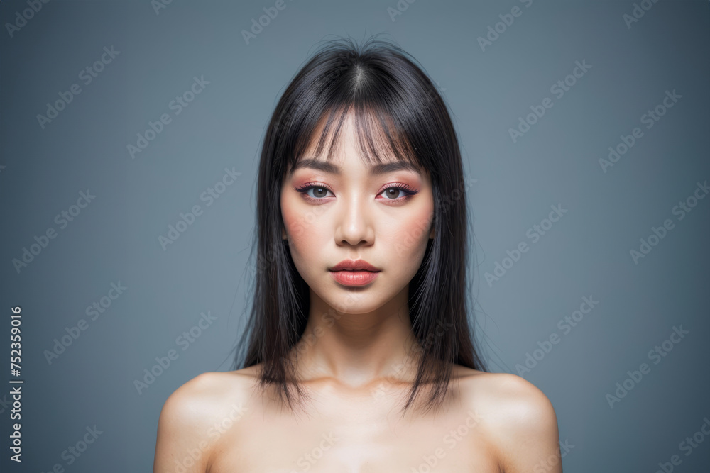 Portrait of a Young asian Woman With Natural Makeup Against a blue Background Portrait of a Young asian Woman With Natural Makeup Against a blue Background