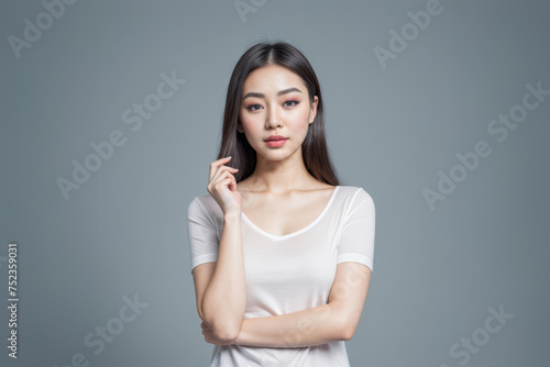 Portrait of a Young asian Woman With Natural Makeup Against a blue Background © jjfarq