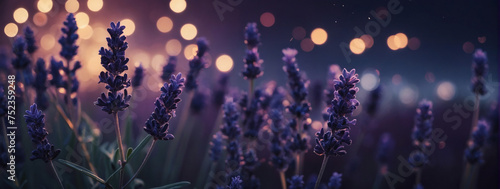 Dreamy lavender bokeh adorning a defocused midnight purple background - an enchanting banner. photo