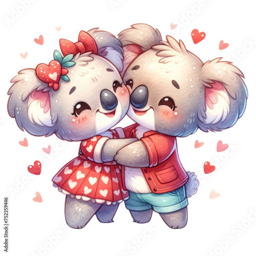 Watercolor cute Koala couple happy hugging PNG