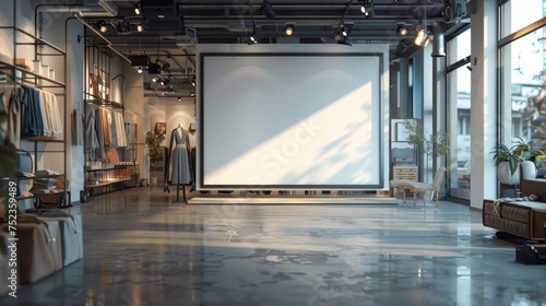Contemporary fashion boutique featuring stylish clothing racks and a large projection screen, set in a chic and spacious interior with natural lighting. photo