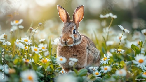Serene Bunny Amidst Daisies on Sunny Easter Morning.