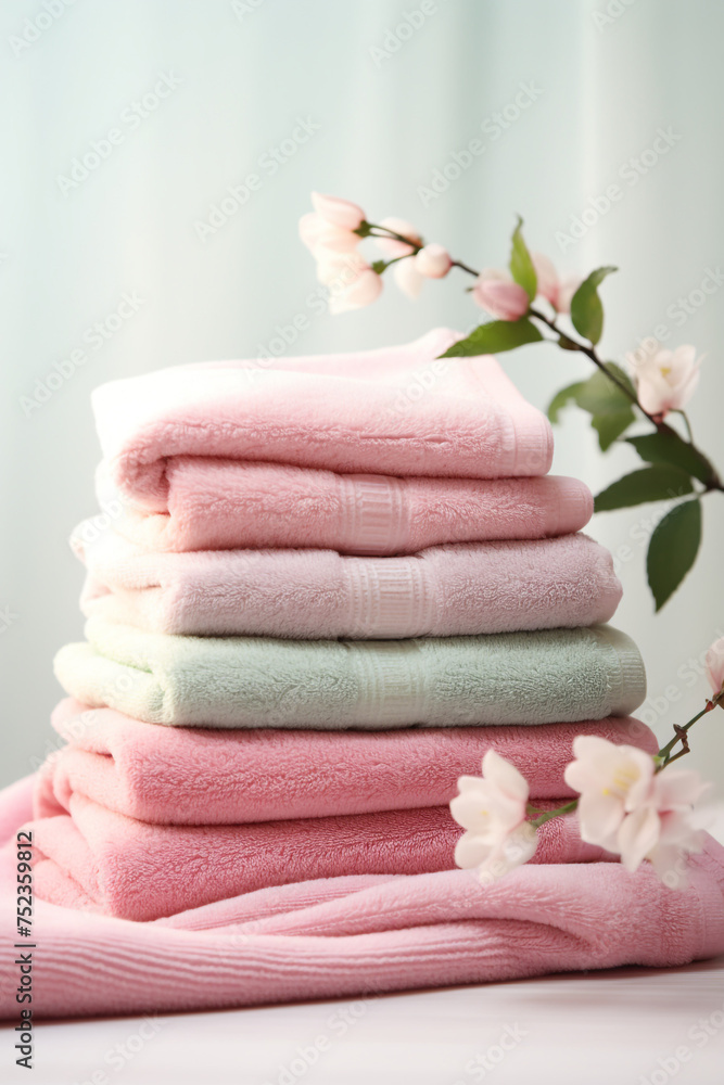stock photo,Neat stack of folded pastel-colored towels. spring laundry, simple, feminine palette сreated with Generative Ai stock photo,Neat stack of folded pastel-colored towels. spring laundry, simple, feminine palette сreated with Generative Ai