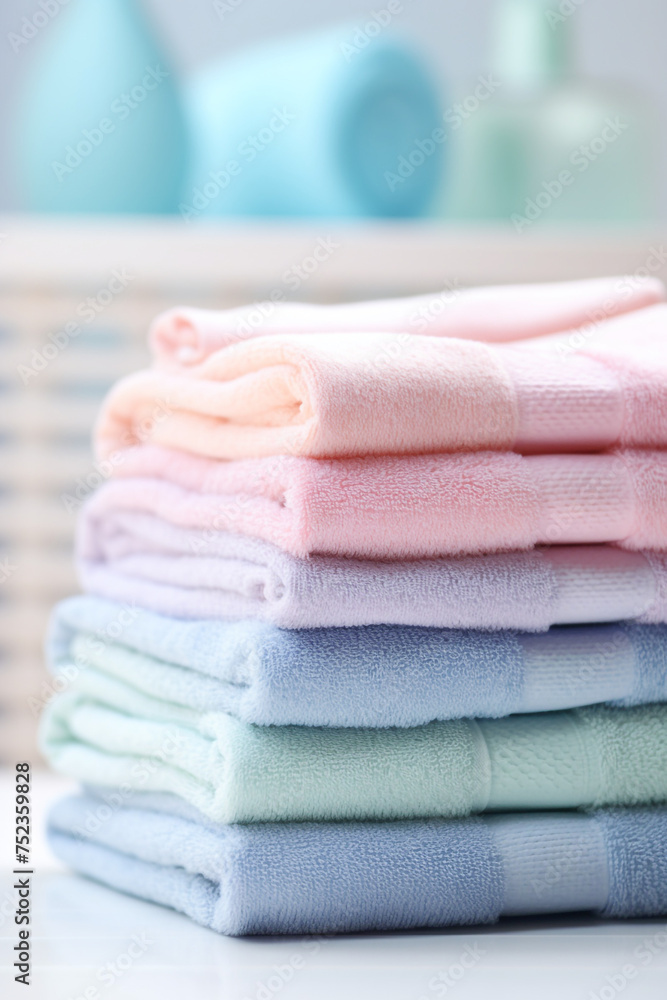stock photo,Neat stack of folded pastel-colored towels. spring laundry, simple, feminine palette сreated with Generative Ai stock photo,Neat stack of folded pastel-colored towels. spring laundry, simple, feminine palette сreated with Generative Ai