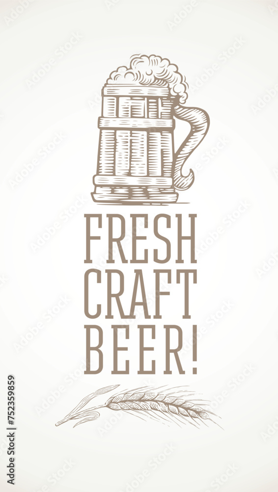 Beer mug drawn in graphical style, with thematic inscription and a painted ear of grain. Vector design element.
