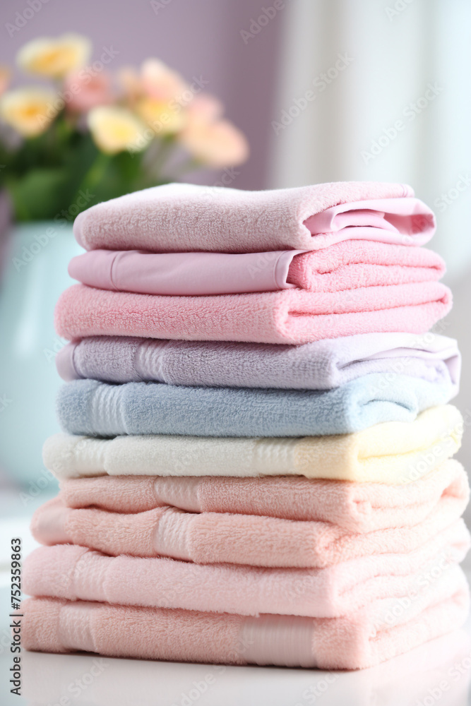 stock photo,Neat stack of folded pastel-colored towels. spring laundry, simple, feminine palette сreated with Generative Ai stock photo,Neat stack of folded pastel-colored towels. spring laundry, simple, feminine palette сreated with Generative Ai
