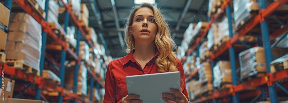 Using a digital tablet as part of an intelligent warehouse management system, a supervisor or female employee checks the stock inventory. - obrazy, fototapety, plakaty 