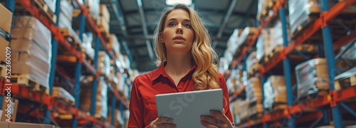 Using a digital tablet as part of an intelligent warehouse management system, a supervisor or female employee checks the stock inventory. photo