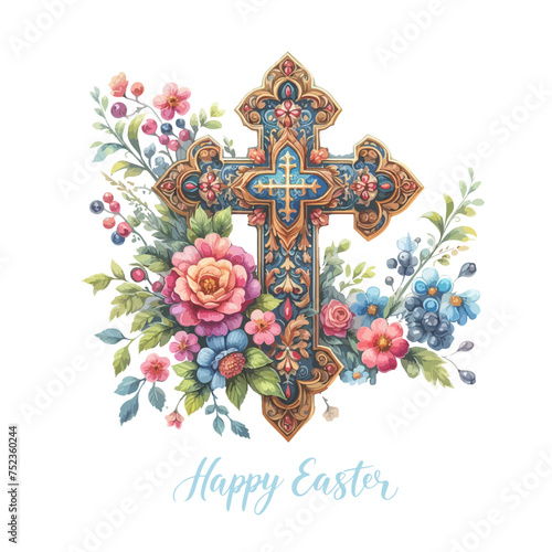 Watercolor Orthodox cross in flowers.Happy easter. Cute Easter greeting card with flowers.