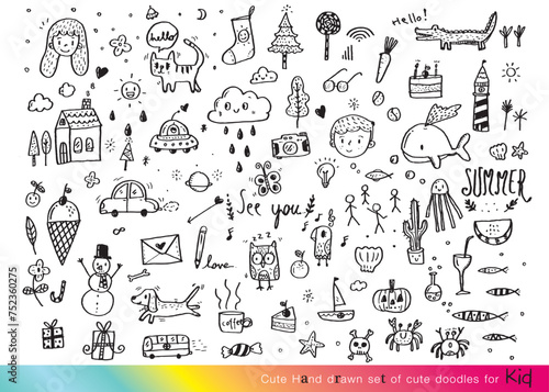 Collection of hand drawn cute doodles,Doodle children drawing,Sketch set of drawings in child style,Funny Doodle Hand Drawn,Page for coloring, cute animal