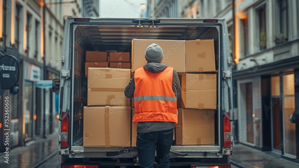 In a logistics retail warehouse, a worker loads cardboard boxes into a delivery van. online acquisitions In a logistics retail warehouse, a worker loads cardboard boxes into a delivery van. online acquisitions