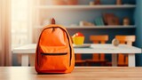Vibrant Back to School Scene: Orange Backpack & Supplies on Table - Canon RF 50mm f/1.2L USM