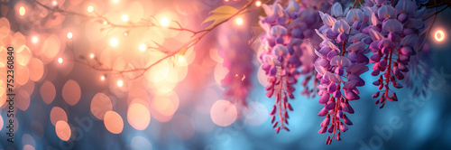 Spring wisteria blooming flowers in sunset garden. Purple japanese wisteria sinensis branch on blurred background for design greeting card, banner, poster, wallpaper, invitation with copy space