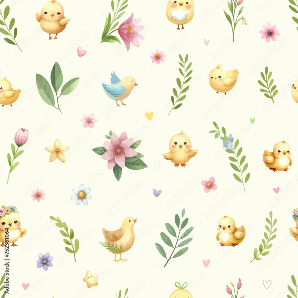 Obraz premium Watercolor Seamless pattern with cute roosters, chickens and leaves on white background.