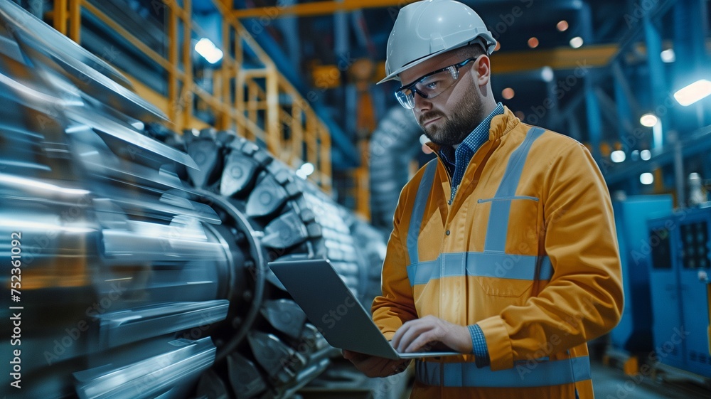 A laptop carrying an engineer A programmable logic controller controls a massive fully automated machine. A laptop carrying an engineer A programmable logic controller controls a massive fully automated machine.