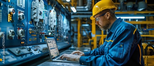 A laptop carrying an engineer A programmable logic controller controls a massive fully automated machine.