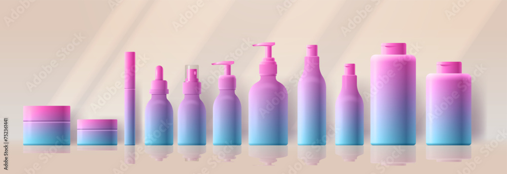 Realistic cosmetics colorful gradient design bottle set. Vector packaging mockup illustration