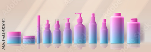 Realistic cosmetics colorful gradient design bottle set. Vector packaging mockup illustration
