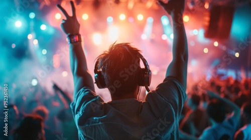 Closeup of the back of an DJ man in neon lights with his hands raised up greets dancing and relaxing people in a nightclub photo