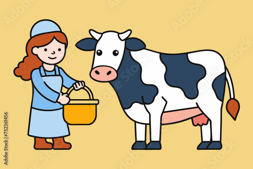 Vector drawing: thrush with a cow in the pasture
