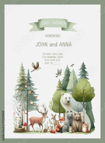 Cute baby shower watercolor invitation card with wild forest animals.