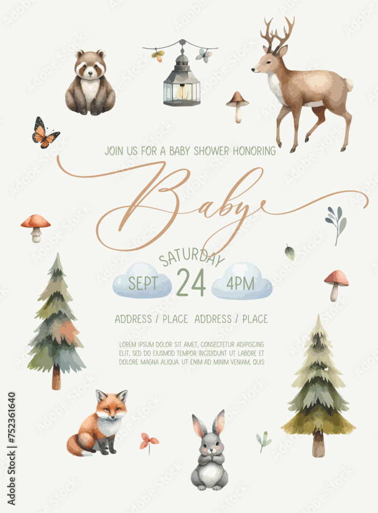 Cute baby shower watercolor invitation card with wild forest animals. Cute baby shower watercolor invitation card with wild forest animals.